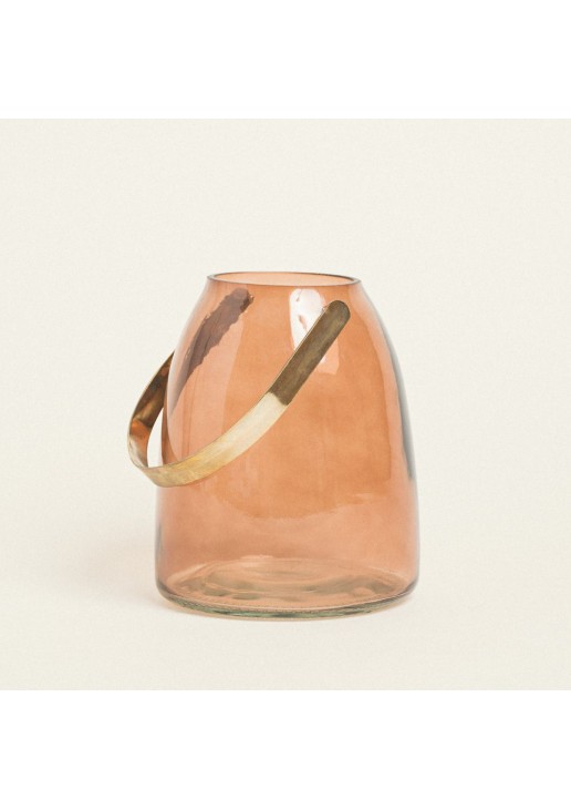 Beauty Home ΓΥΑΛΙΝΟ ΦΑΝΑΡΙ ΜΕ ΜΕΤΑΛΛΙΚΗ ΛΑΒΗ 14 x 16,5 CM ΜΠΕΖ