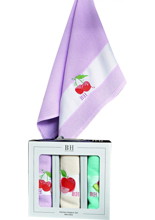 Beauty Home Ποτηρόπανα σετ 3τμχ Fruits Art 8286 40x60 Εκρού,Σιέλ,Ροζ